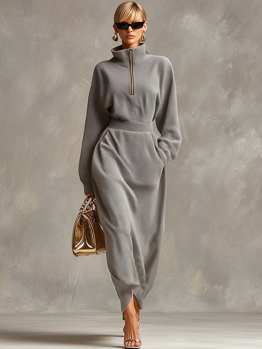 Exquisite Casual Lapel Front Zipper Long Sleeve Light Grey Waffle Fabric Maxi Dress