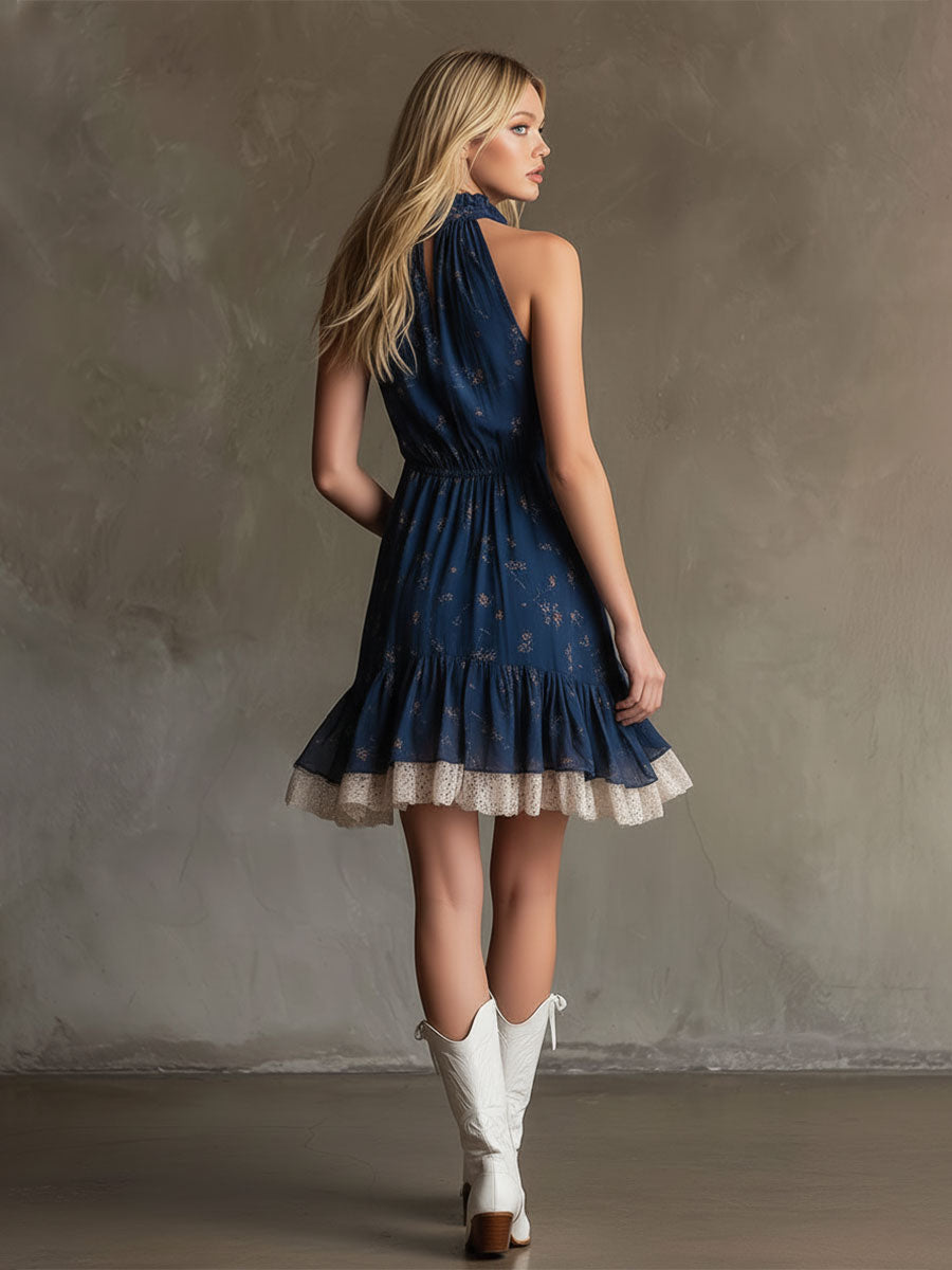 Fashionable Retro Lace-trimmed Vintage Floral Blue Sleeveless Chiffon Mini Dress