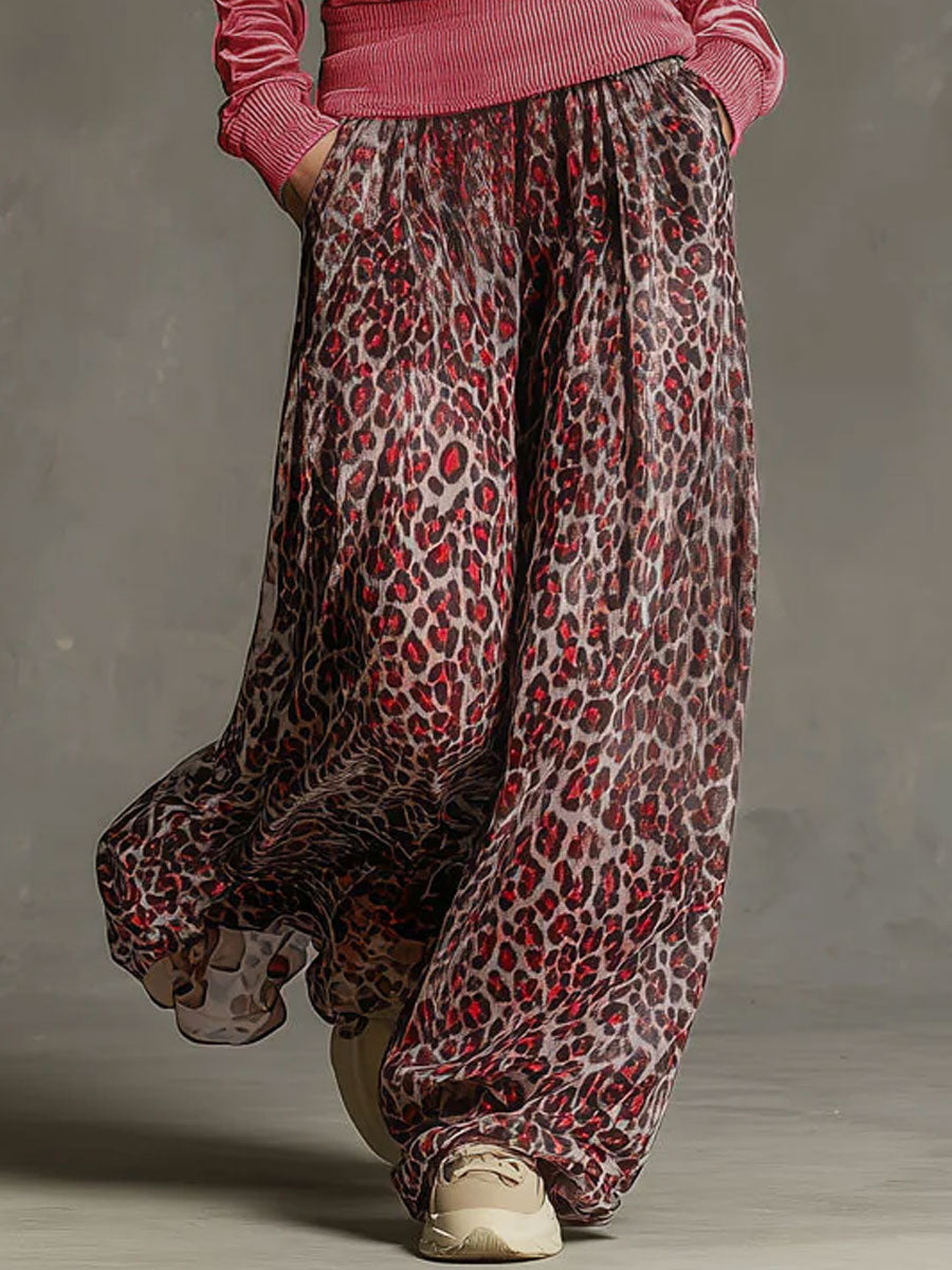 Casual Retro Pink Fleece Hooded Top and Chiffon Leopard Print Wide-Leg Trousers Set