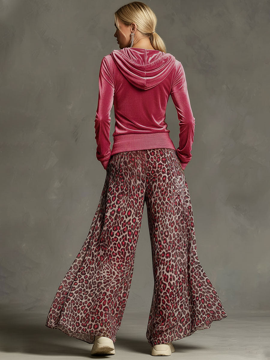Casual Retro Pink Fleece Hooded Top and Chiffon Leopard Print Wide-leg Trousers Set