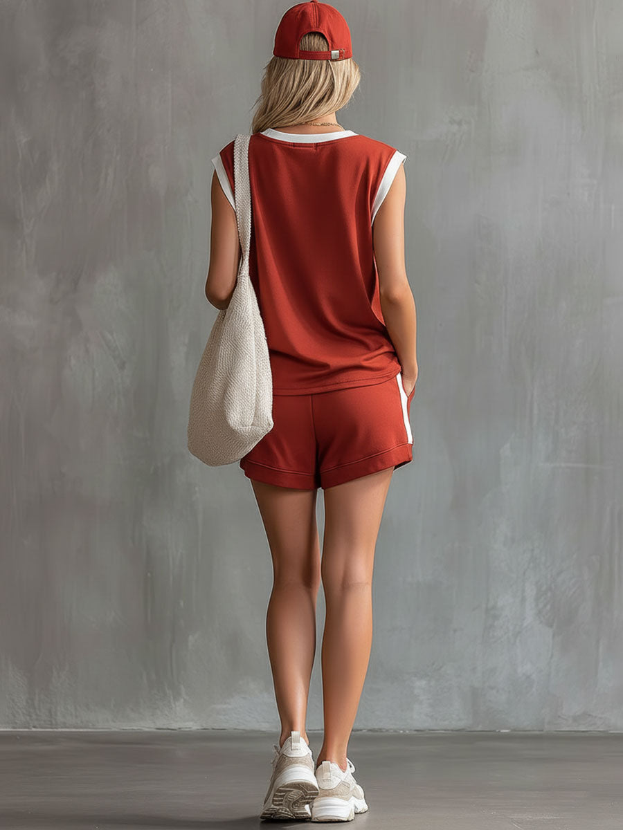Casual Retro Brick Red and White Colour-blocked V-neck Sleeveless Top and Shorts Set