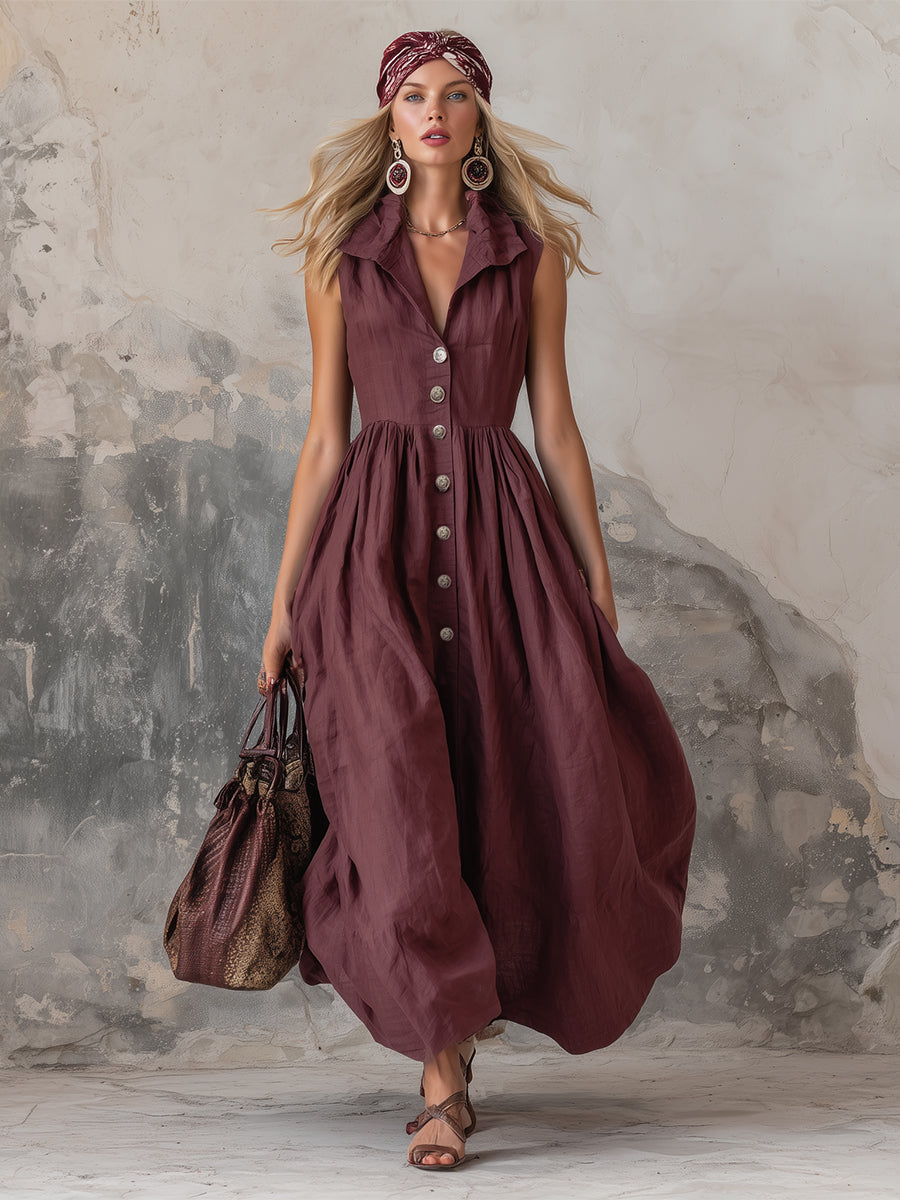 Elegant Zinfandel-coloured Cotton And Linen Sleeveless Maxi Dress