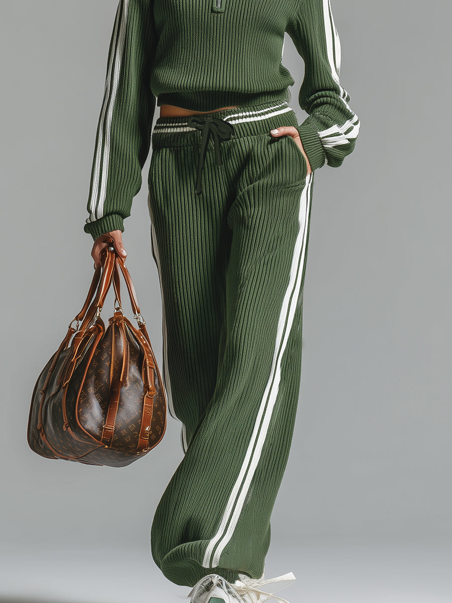 Retro Casual Green Sports Half-zip Knitted Sweater and Trousers Set