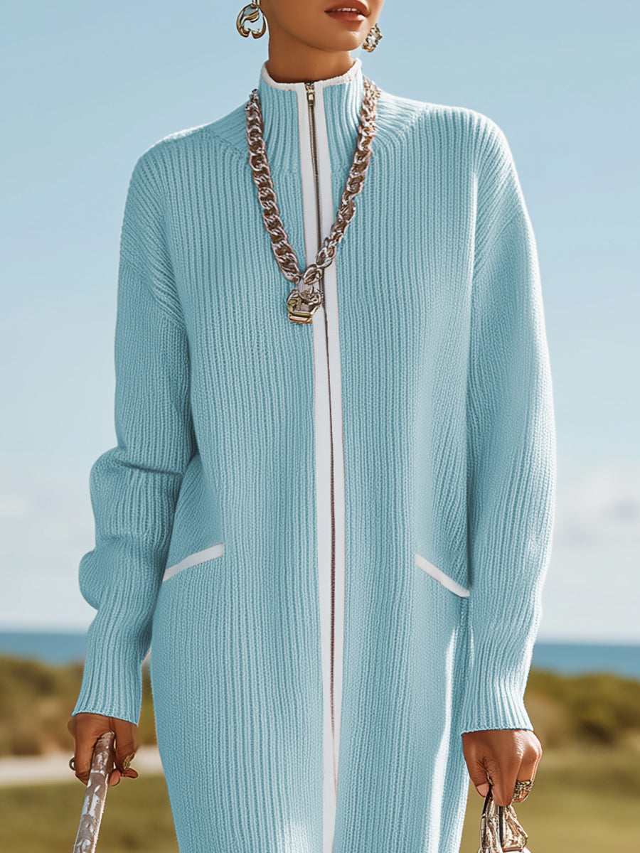 Sporty and Stylish White-Trimmed Blue Knit Maxi Dress