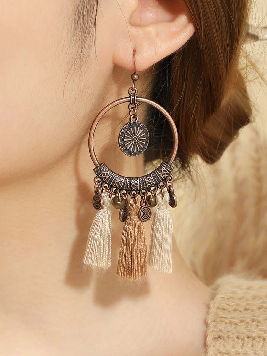 Vintage Distressed Bohemian Tassel Necklace and Earring Set