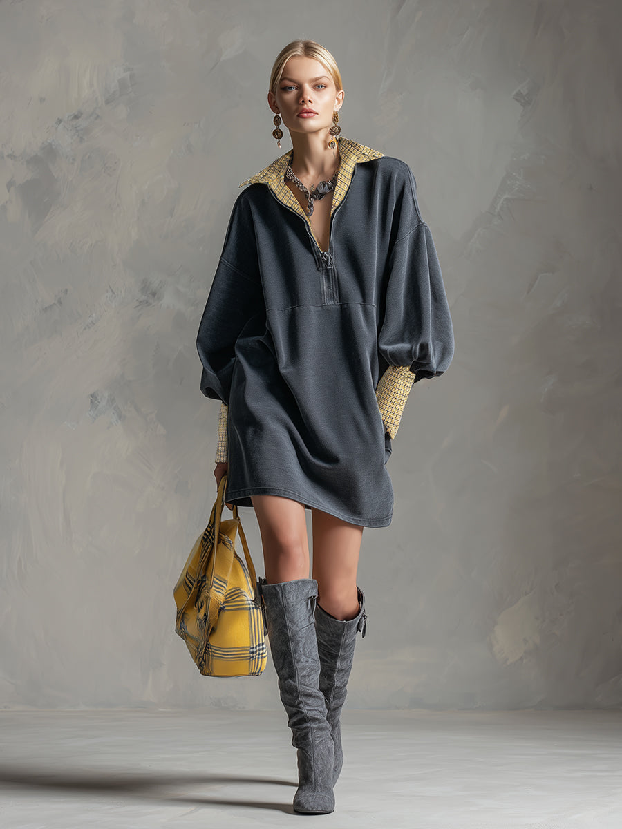 Casual Sporty Plaid Trim Grey Washed Cotton Sweatshirt Mini Dress