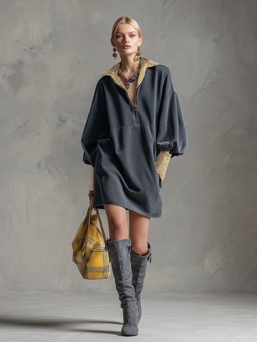 Casual Sporty Plaid Trim Grey Washed Cotton Sweatshirt Mini Dress