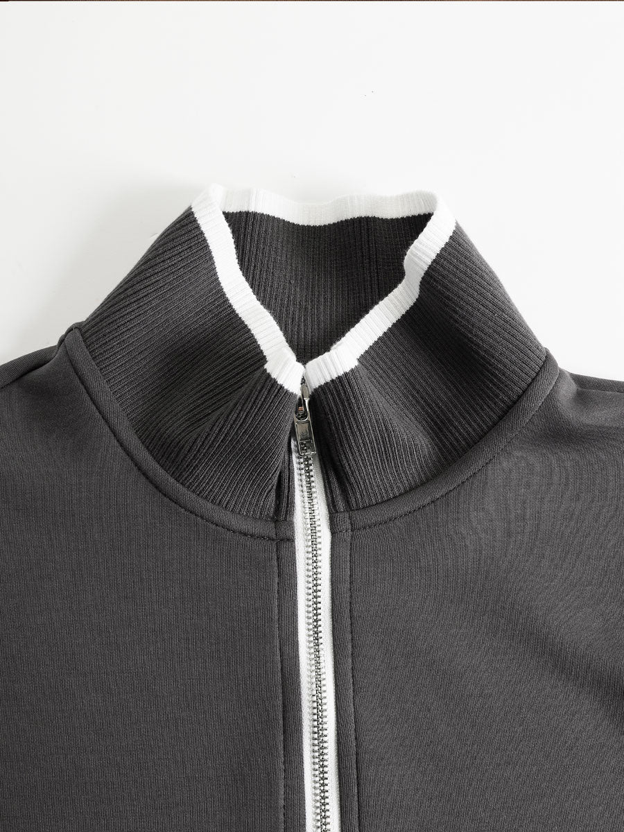 Retro Sporty Webbing Grey-White Half-Zip Sweatshirt and Wide-Leg Pants Set