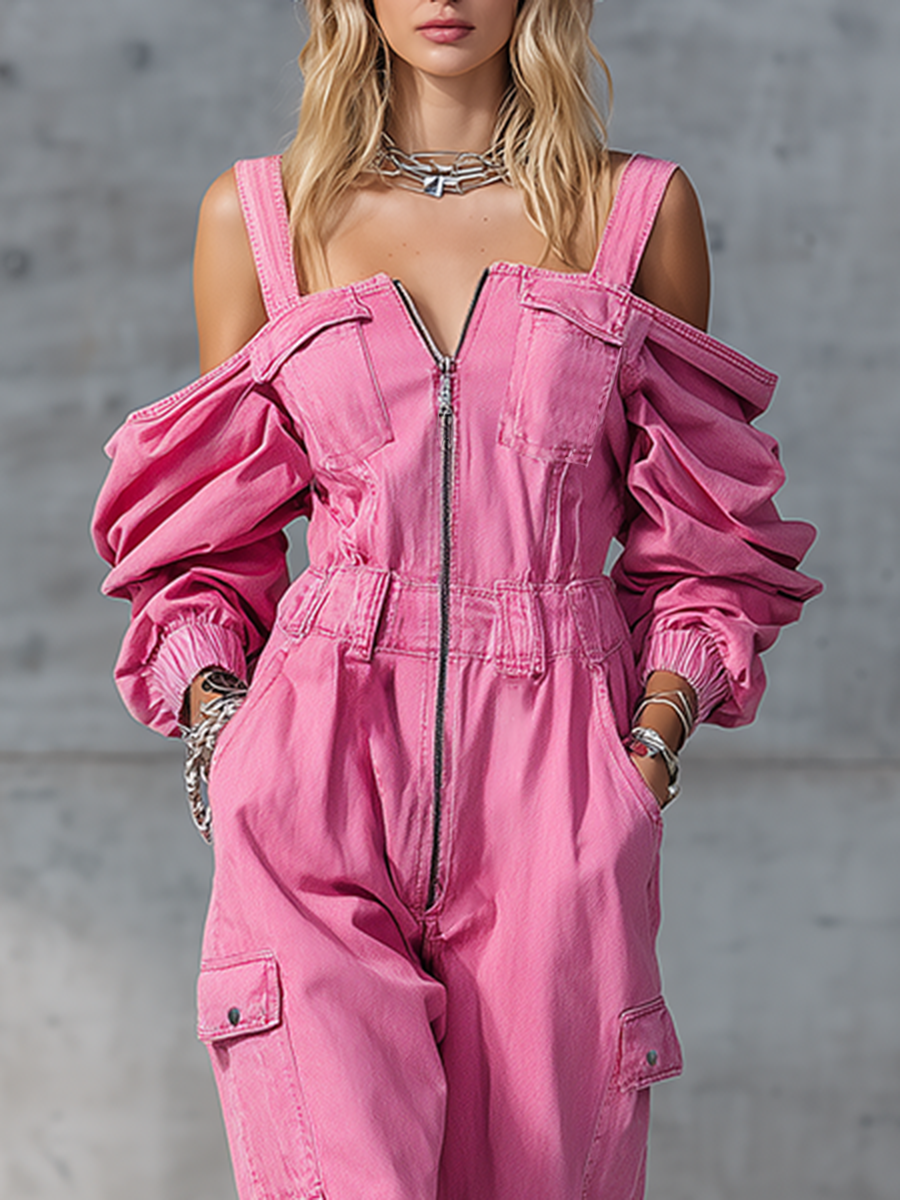Stylish and Modern Long-sleeved Strappy Tapered Legs Pink Denim Jumpsuit