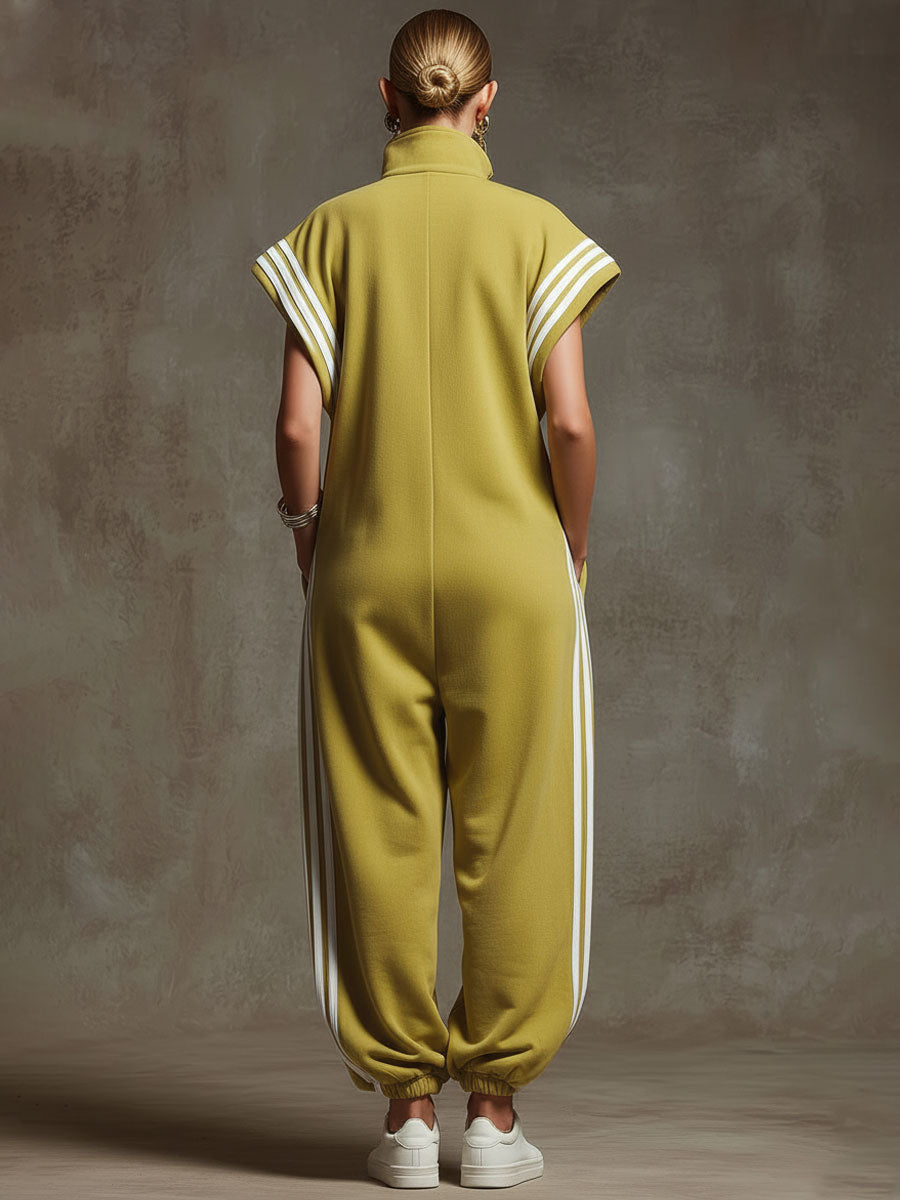 Casual Sports White Webbing Yellow-Green Sleeveless Jumpsuit