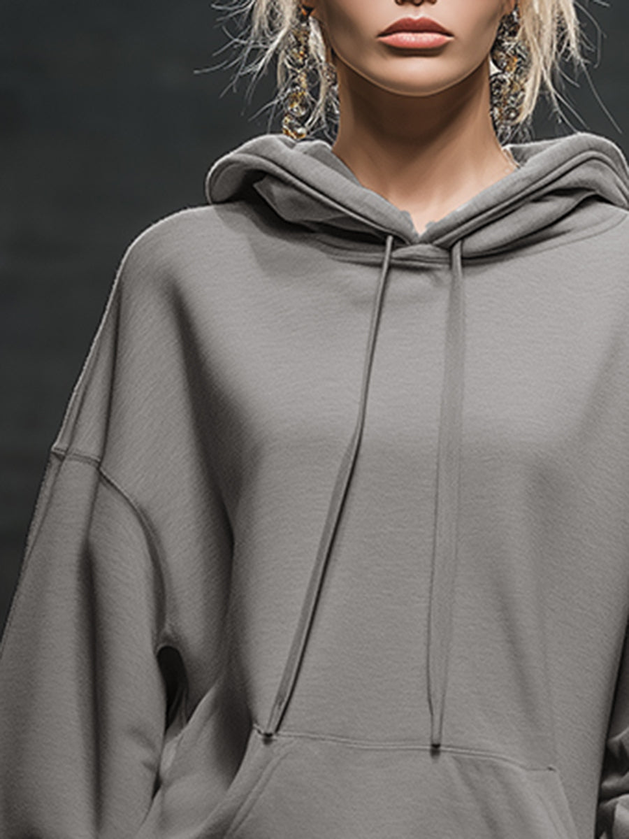 Casual and Fashionable Hooded Elastic Hem Grey Sweatshirt Mini Dress