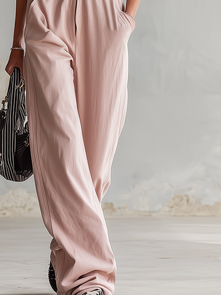 Stylish Colour-blocked Striped Sleeve Pink Cotton Jumpsuit