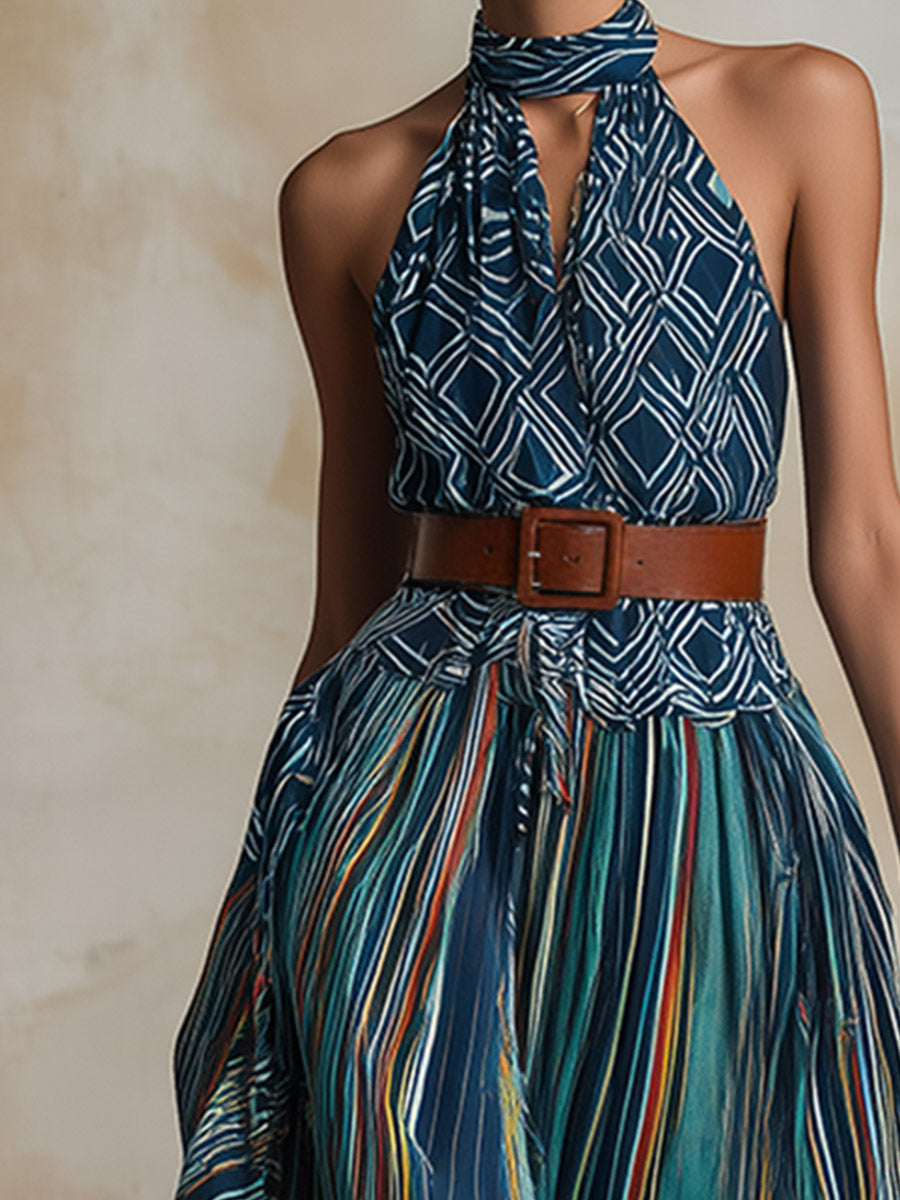 Retro Ethnic-Style Teal Abstract-Print Chiffon Sleeveless Maxi Dress