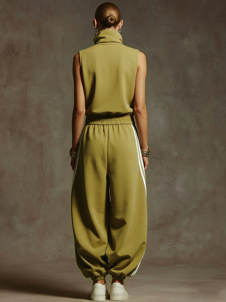 Casual Retro Sporty Yellow-Green Cotton Sleeveless Sweatshirt and Balloon Pants Set