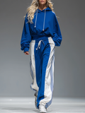 Retro Sporty Hoodie and Striped Wide-leg Trousers Set