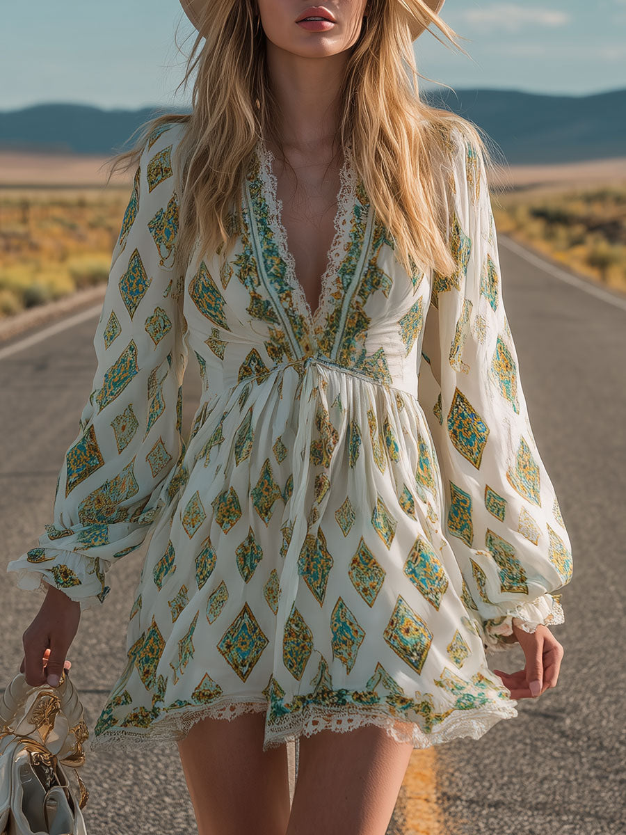 Retro Lace Trim Ethnic Print White V-neck Short-sleeved Chiffon Mini Dress