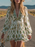 Retro Lace Trim Ethnic Print White V-neck Short-sleeved Chiffon Mini Dress