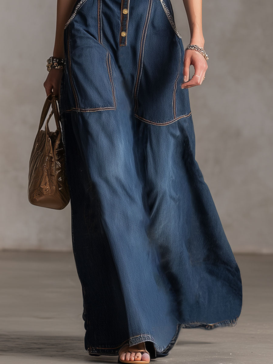 Halter Neck V-Neck Button-Down Double Pocket Sleeveless Denim Maxi Dress