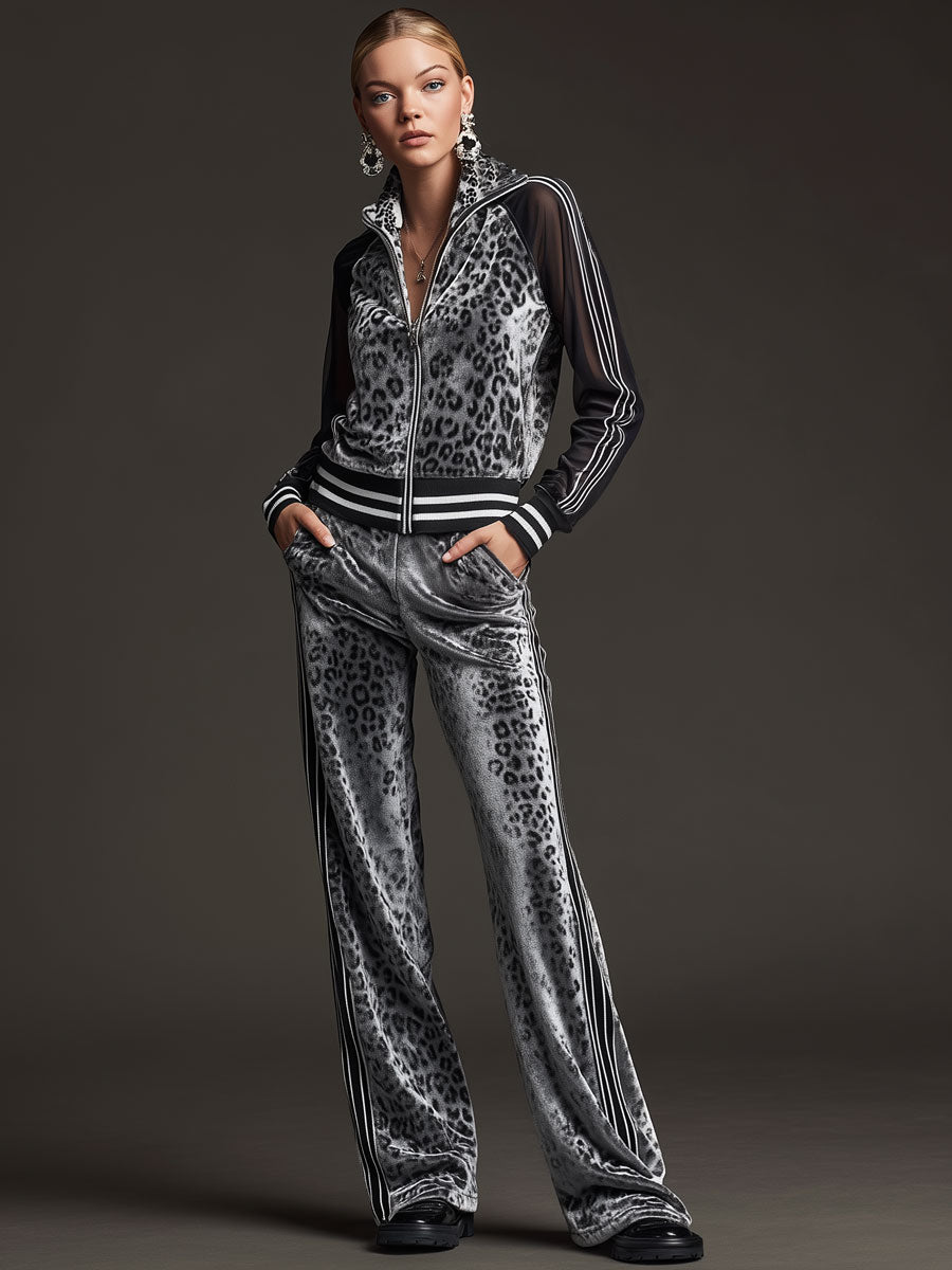 Sporty Retro Striped Mesh Sleeve Grey Leopard Print Velvet Sweatshirt And Pants Set