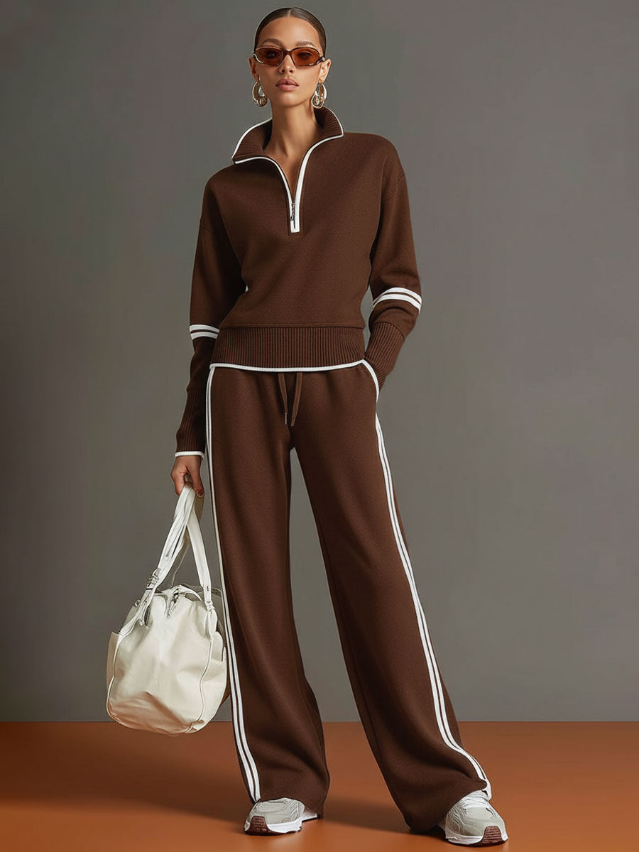 Retro Sporty Webbing Grey-White Half-Zip Sweatshirt and Wide-Leg Trousers Set