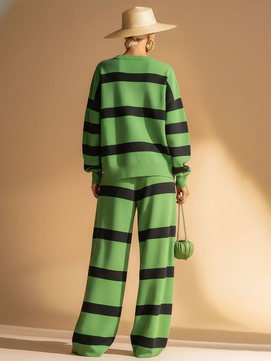 Casual Sports Green And Black Striped Sweatshirt And Trousers Set