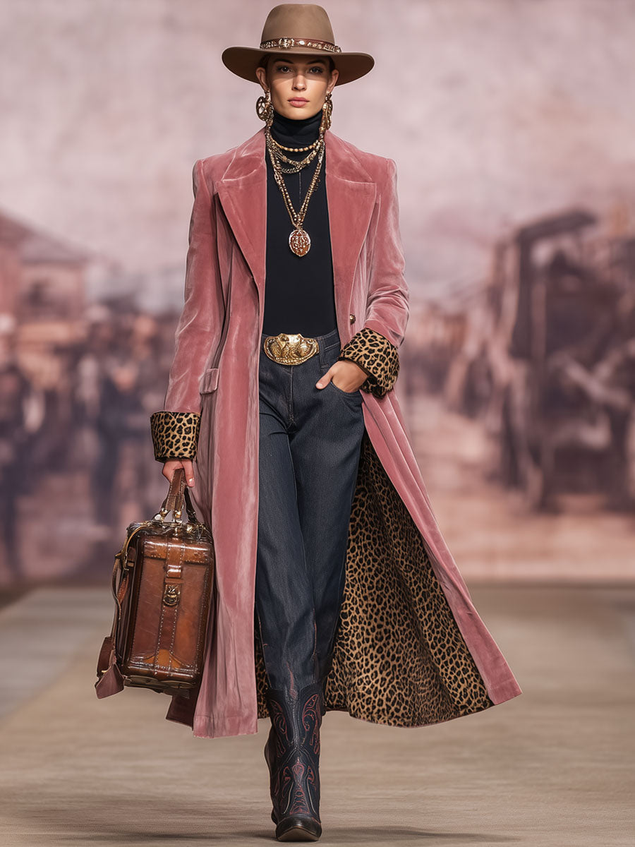 Lapel Single-breasted Velvet and Leopard Print Coat