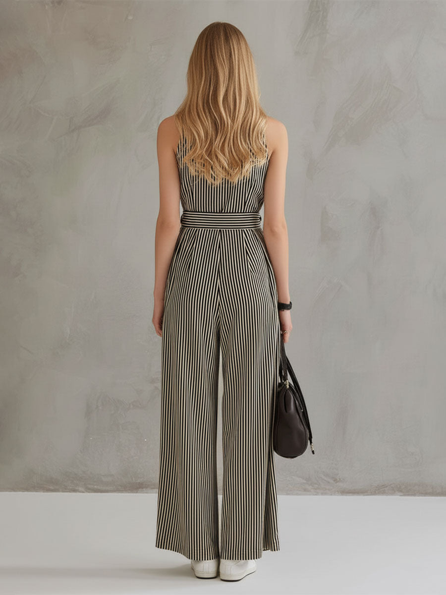 Fashionable Retro Striped Sleeveless Collared Cotton-Linen Jumpsuit