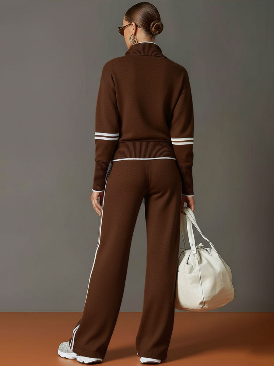 Retro Sporty Webbing Grey-White Half-Zip Sweatshirt and Wide-Leg Trousers Set