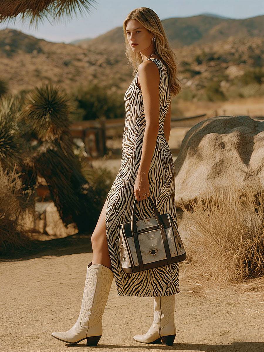 Western Retro Zebra Print Sleeveless Round Neck Slit Chiffon Midi Dress