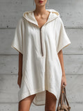 Casual Retro White Cotton Linen Short-sleeved Hooded Mini Dress