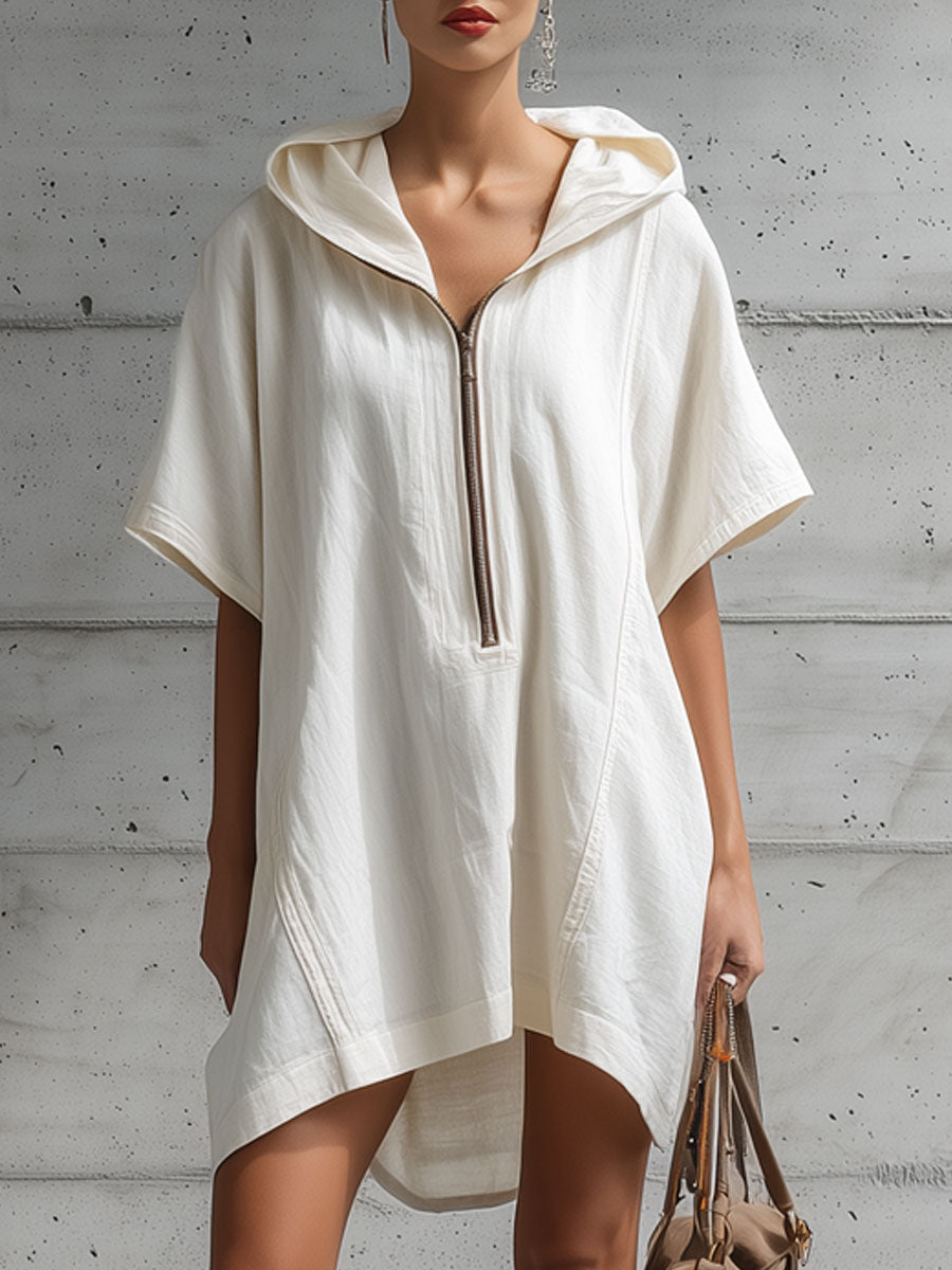 Casual Retro White Cotton Linen Short-sleeved Hooded Mini Dress