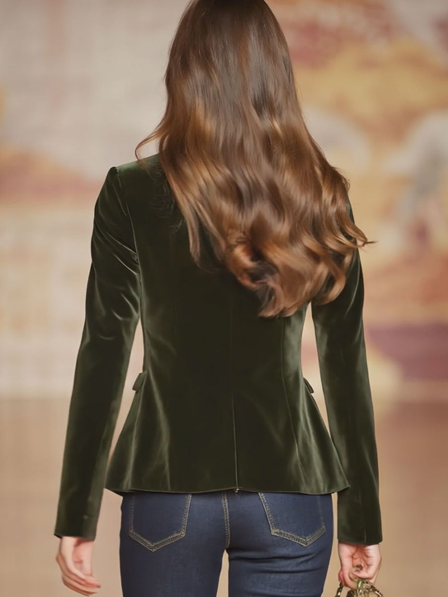 Elegant Retro Gold-Buttoned Dark Green Velvet Blazer