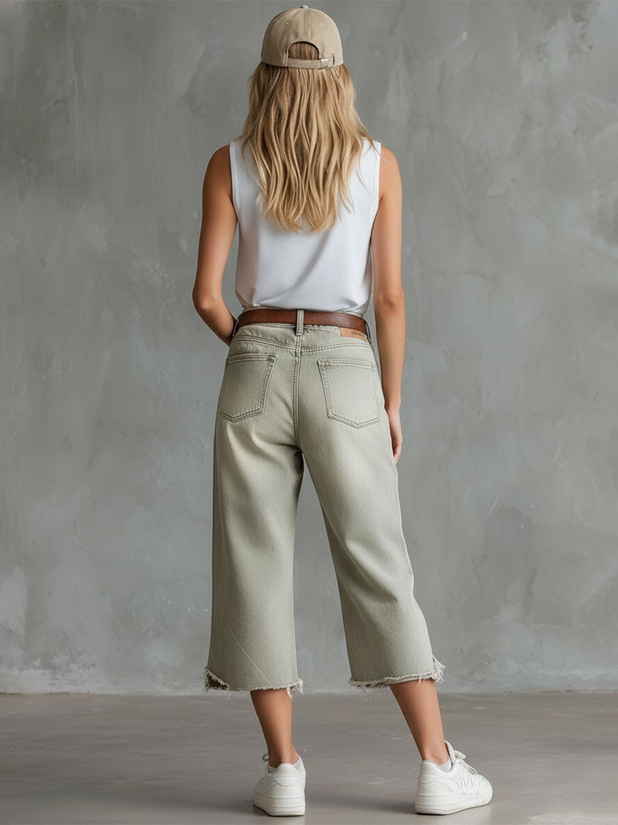 Casual Retro Light Green Washed Denim Capri Trousers