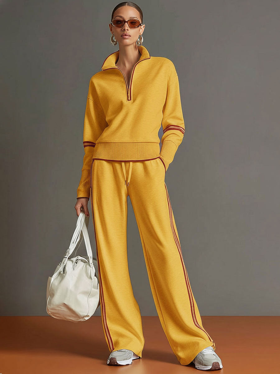Retro Sporty Webbing Grey-White Half-Zip Sweatshirt and Wide-Leg Pants Set