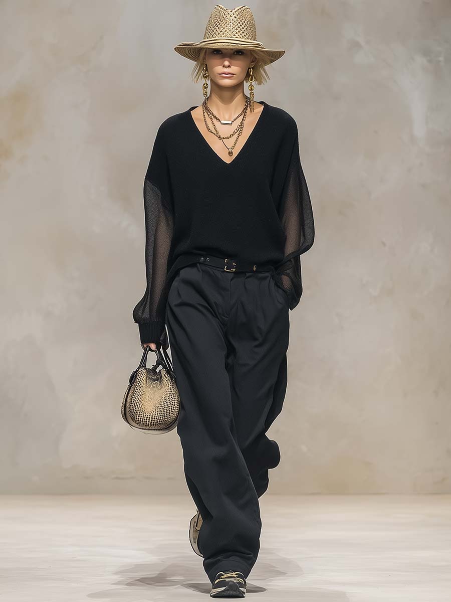 Breathable and Casual Comfortable V-neck Transparent Long-sleeved Black Knitted Blouse Top
