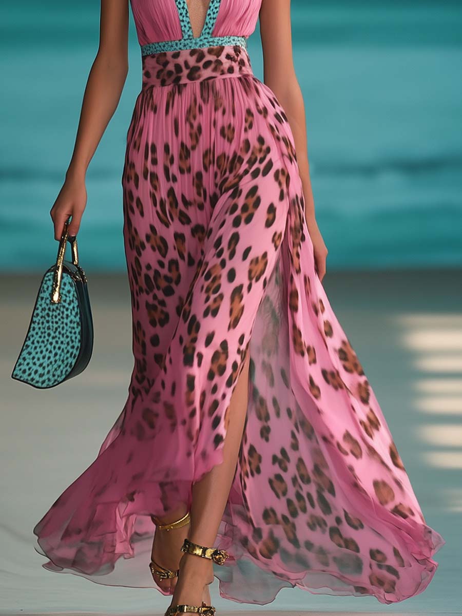 【24-hour shipping out】Retro Fashion Contrast Colour V-Neck Leopard Print Pink Chiffon Slit Maxi Dress