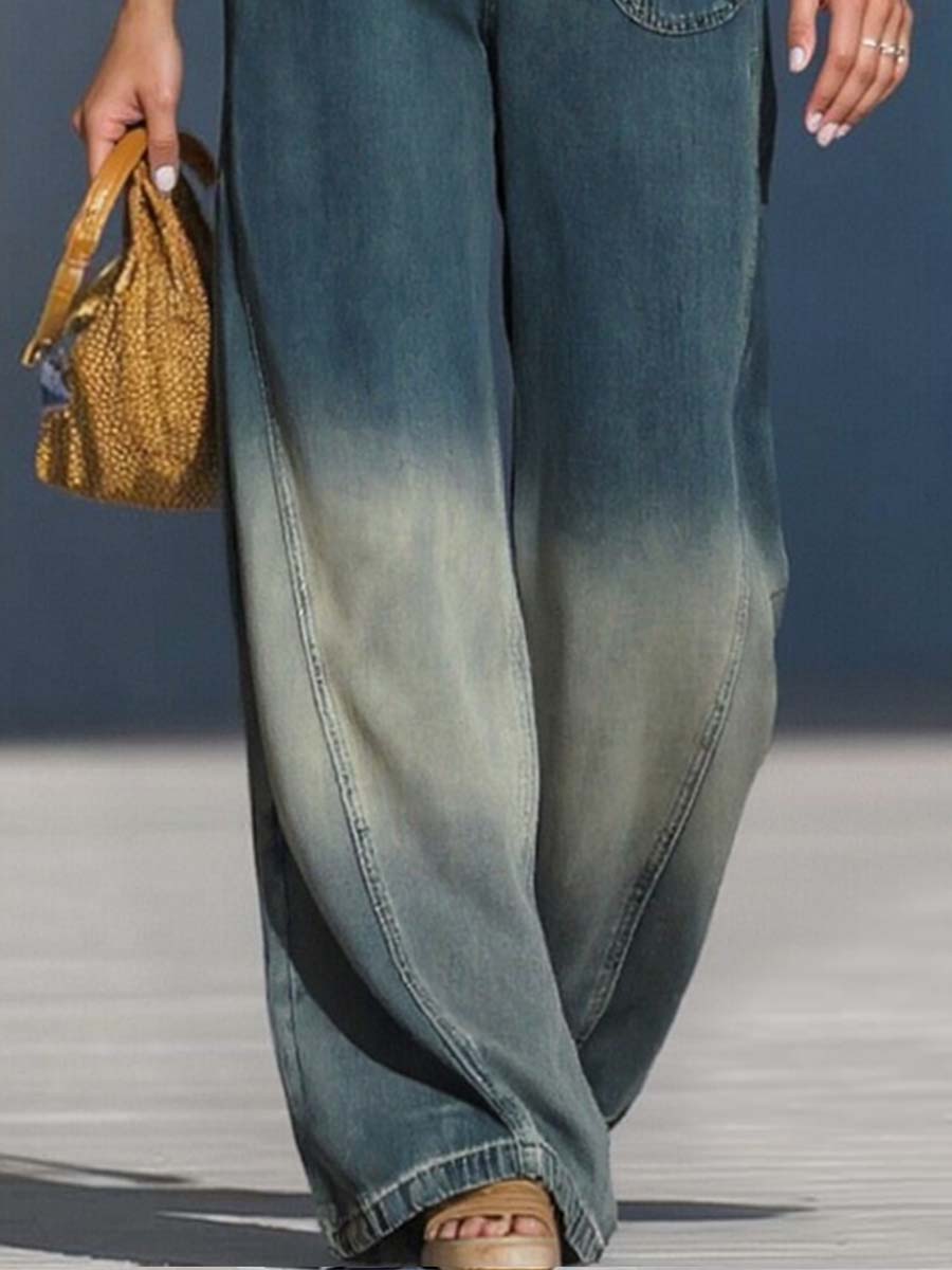 Casual Fashion Gradient Washed Denim Blue Grey Loose Trousers