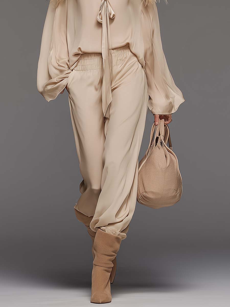 Elegant Flowing Versatile Tie-front V-neck Flared Sleeves Beige Chiffon Blouse And Trousers Set