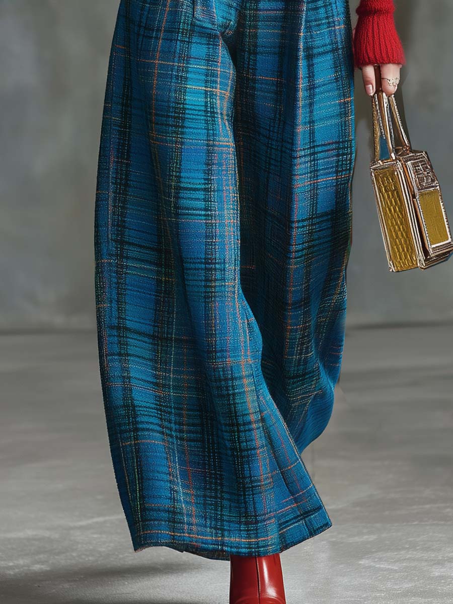 Vintage Fashion Versatile Blue Plaid Wide-leg Trousers