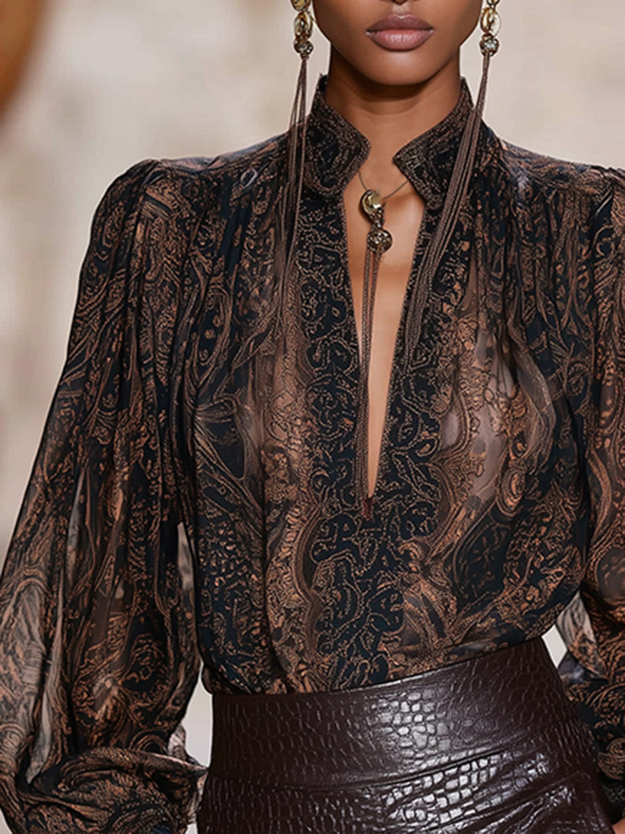 Premium Printed V-Neck Mocha Brown Long Sleeve Shirt