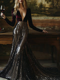 【24-hour shipping out】V-Neck Stylish Elegant Solid Colour Velvet Sequined Long Maxi Dress