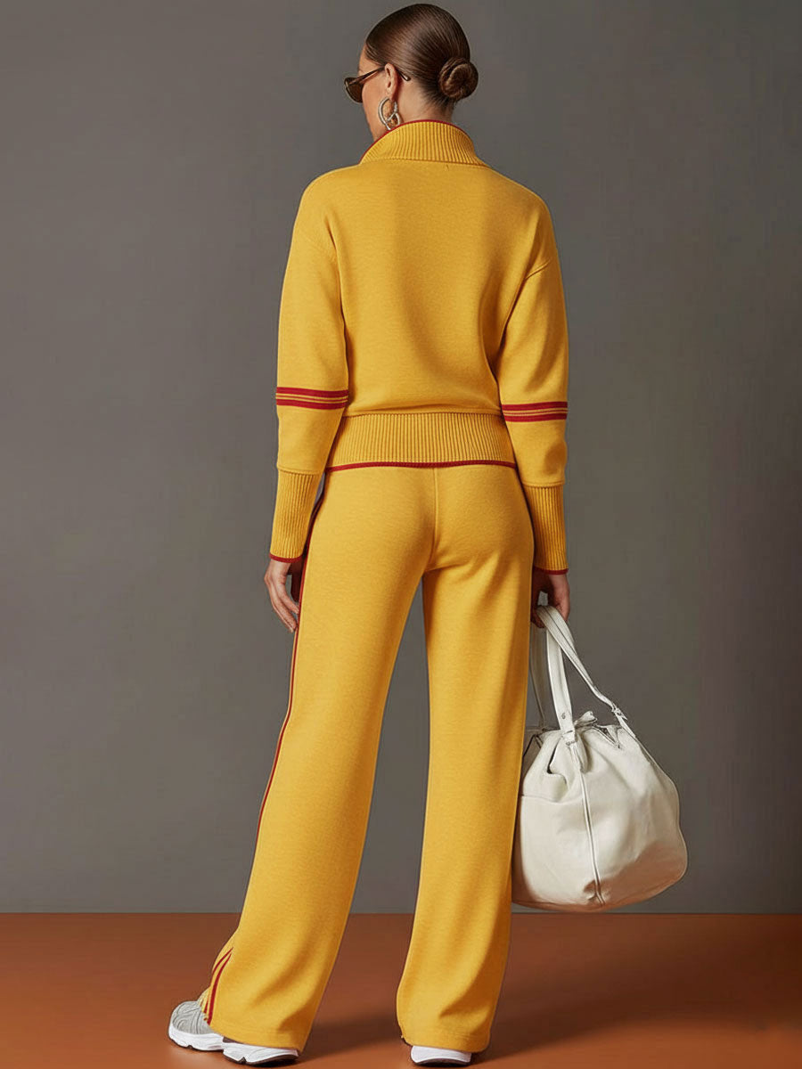 Retro Sporty Webbing Grey-White Half-Zip Sweatshirt and Wide-Leg Pants Set