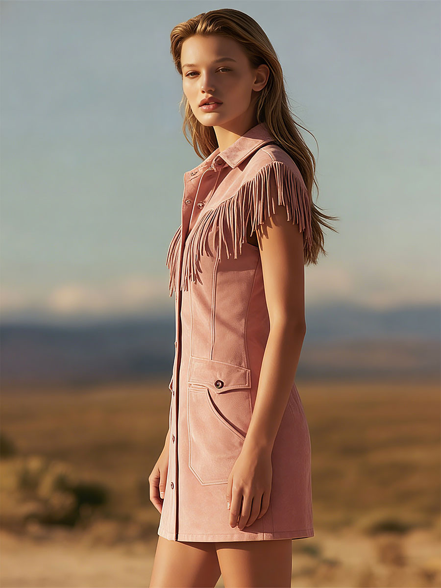 Western Retro Pink Fringed Collar Button-down Mini Dress
