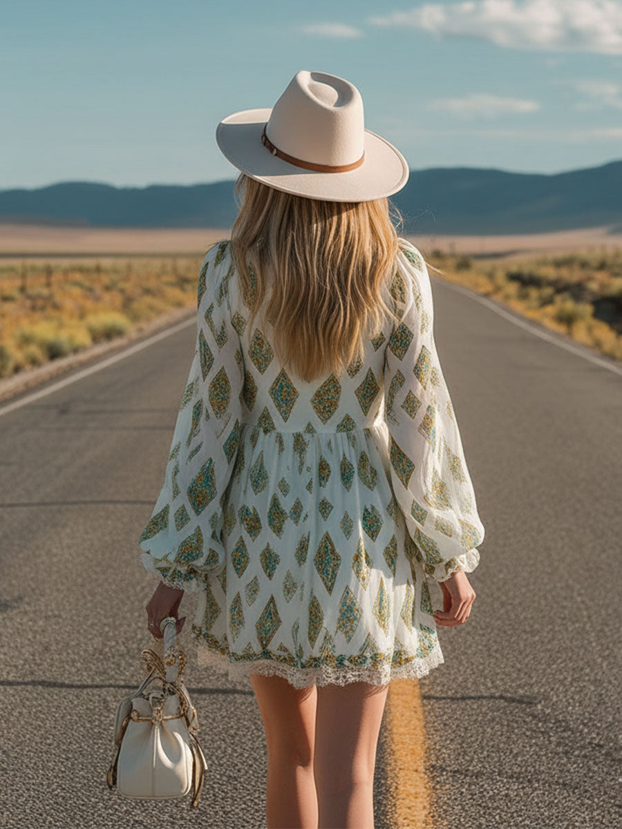 Retro Lace Trim Ethnic Print White V-neck Short-sleeved Chiffon Mini Dress