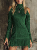 Semi-High Neck Off-the-Shoulder Fringed Faux Suede Long-Sleeved Mini Dress