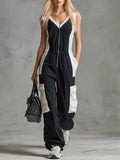 Casual Retro Sporty Black And White Color-blocked V-neck Half-zip Jumpsuit