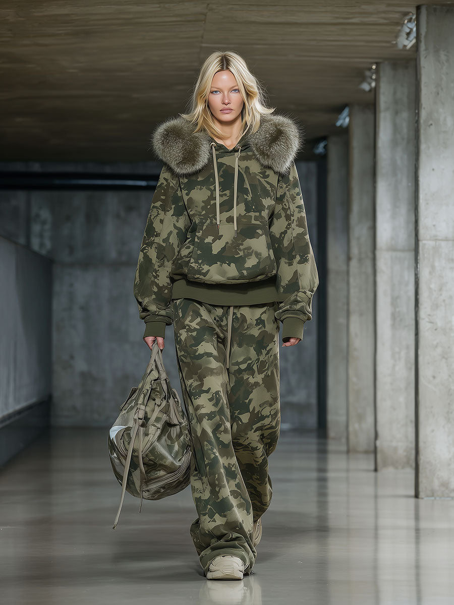 Casual and Fashionable Camouflage Print Faux Fur Collar Sweatshirt and Wide-leg Pants Suit