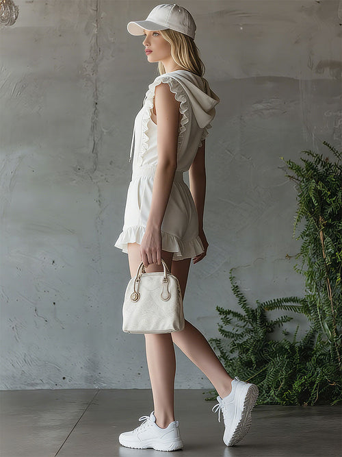 Casual Retro Ruffled White Sleeveless Zip-up Hooded Jumpsuit