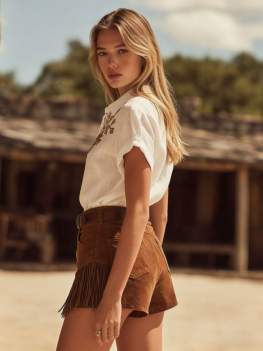 Retro Embroidered White Cotton-Linen Top And Brown Fringed Faux Suede Shorts Set