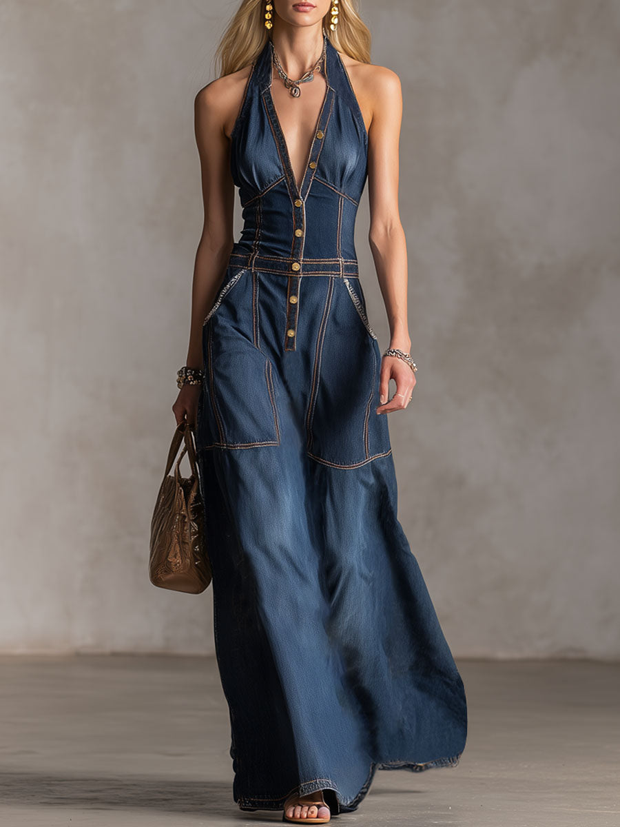 Halter Neck V-Neck Button-Down Double Pocket Sleeveless Denim Maxi Dress